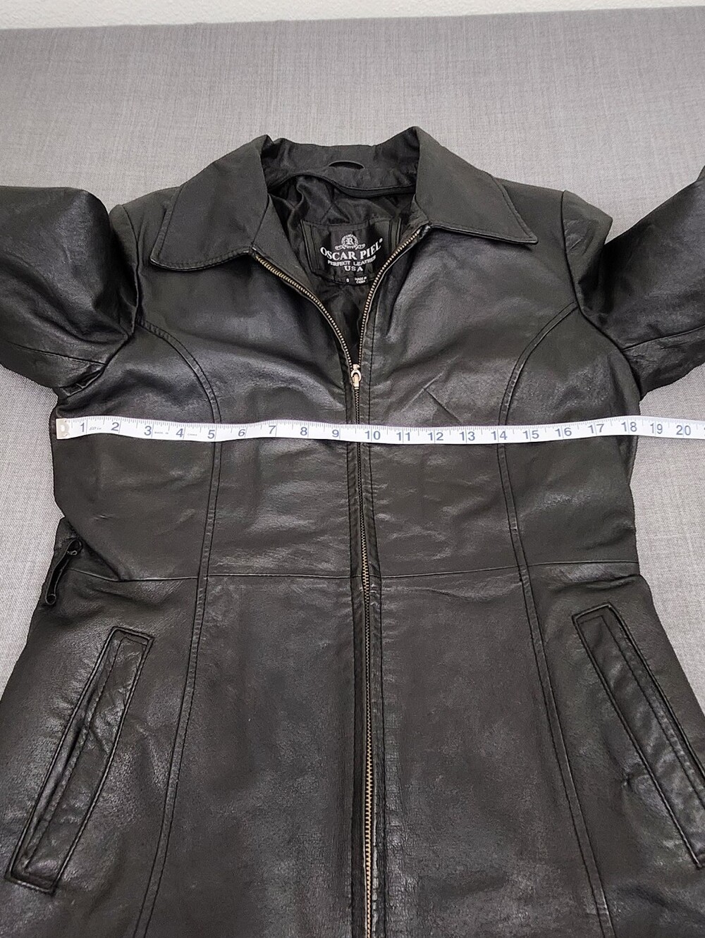 Oscar Piel Sleek Black Leather Zip Up Collard Jacket.  Small - Picture 7 of 9